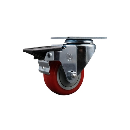 Service Caster 3'' Red Poly Wheel Swivel Top Plate Caster Posi Brake SCC-20S314-PPUB-RED-PLB
